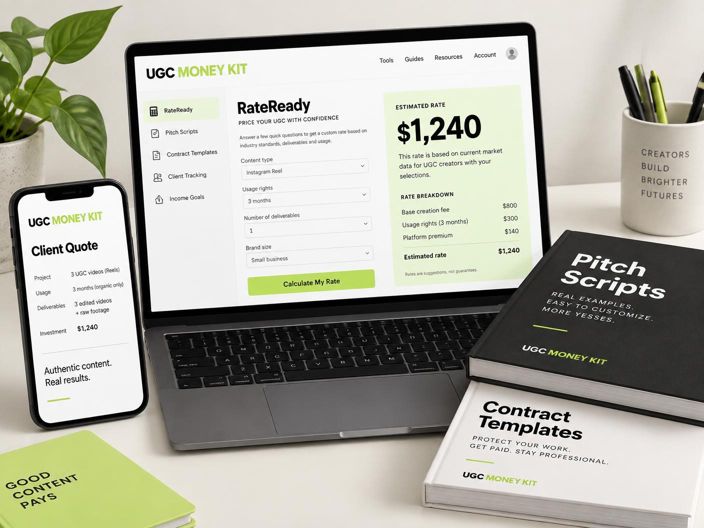 The UGC Money Kit shown on a laptop with the RateReady rate calculator, a client quote on a phone and printed pitch script and contract guides